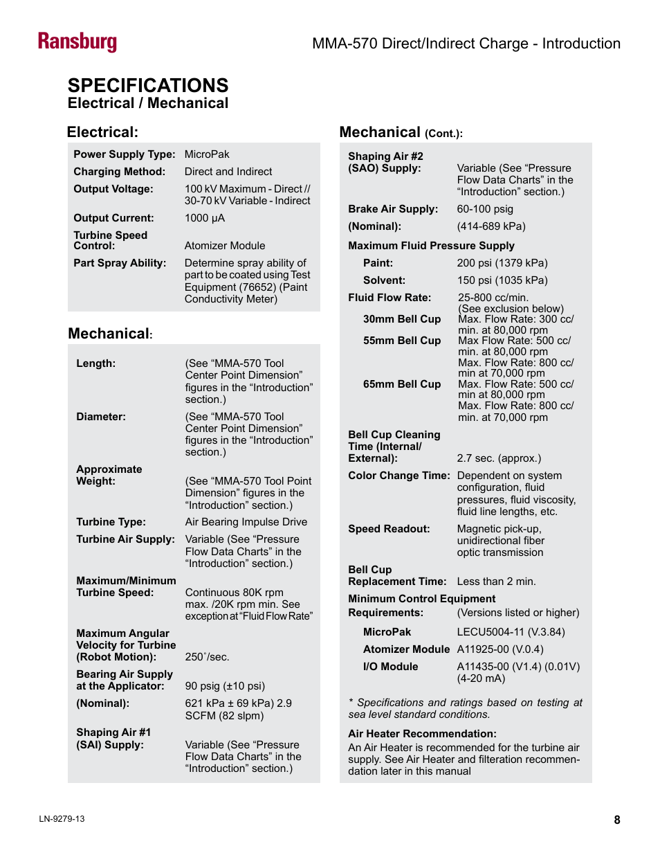 Specifications, Ransburg, Electrical / mechanical electrical: mechanical | Mechanical, Mma-570 direct/indirect charge - introduction | Ransburg MMA-570 Direct_Ind Charge Atomizer A13366 User Manual | Page 11 / 109