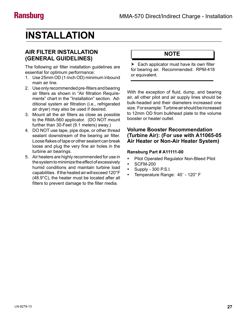 Installation, Air filter installation, Ransburg | Ransburg MMA-570 Direct_Ind Charge Atomizer A13366 User Manual | Page 30 / 109