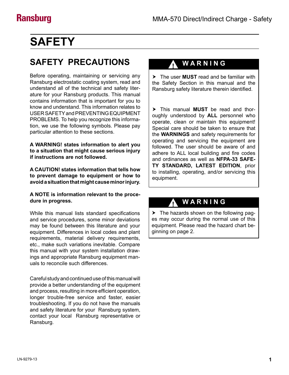 Safety, Ransburg, Safety precautions | Ransburg MMA-570 Direct_Ind Charge Atomizer A13366 User Manual | Page 4 / 109