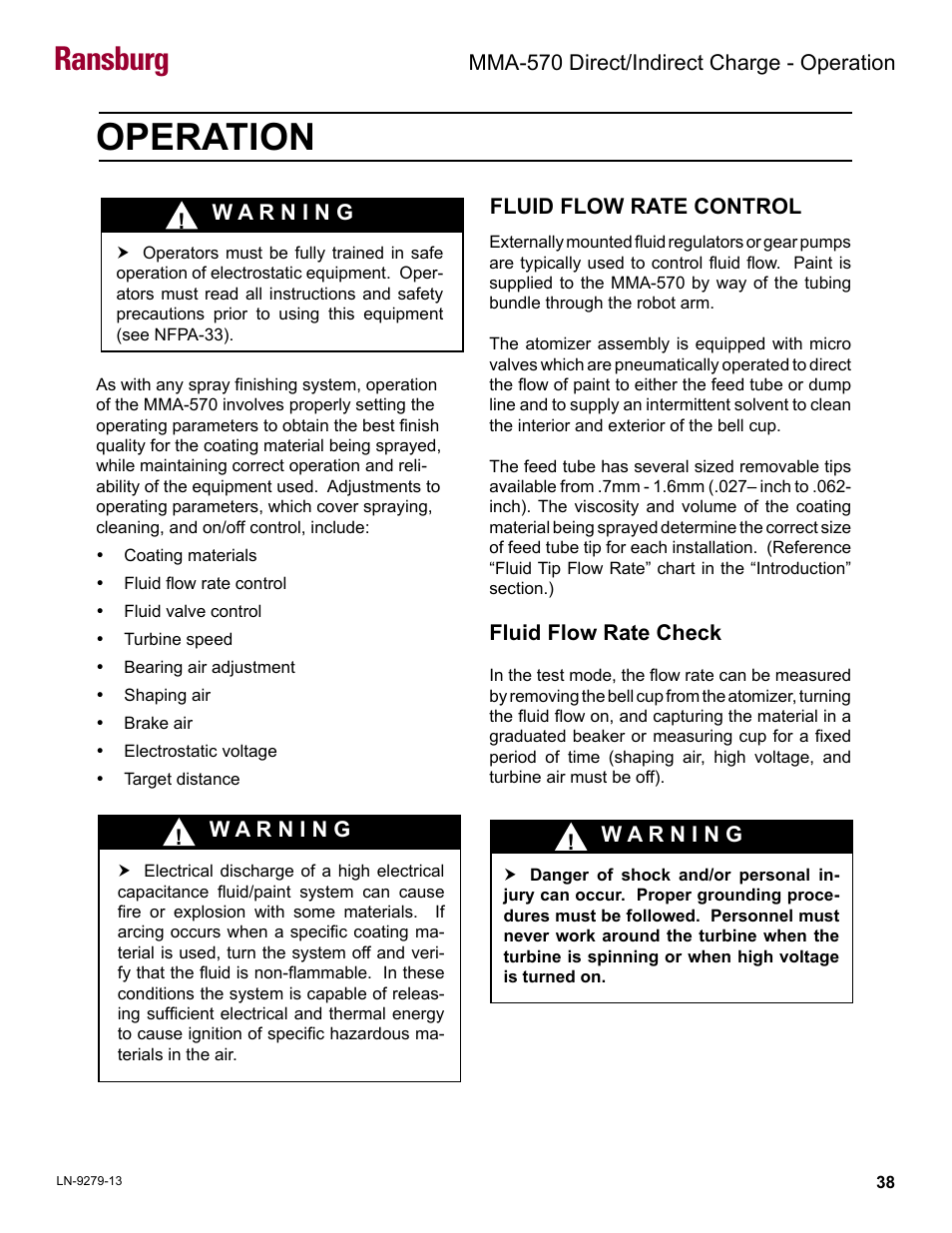 Operation, Fluid flow rate control, Ransburg | Ransburg MMA-570 Direct_Ind Charge Atomizer A13366 User Manual | Page 41 / 109
