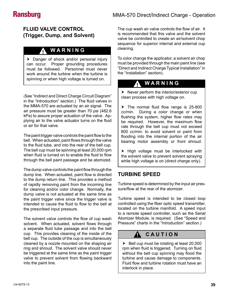 Fluid valve control, Turbine speed, Ransburg | Mma-570 direct/indirect charge - operation | Ransburg MMA-570 Direct_Ind Charge Atomizer A13366 User Manual | Page 42 / 109