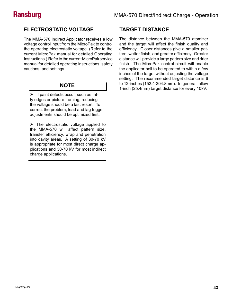 Electrostatic voltage, Target distance, Ransburg | Ransburg MMA-570 Direct_Ind Charge Atomizer A13366 User Manual | Page 46 / 109