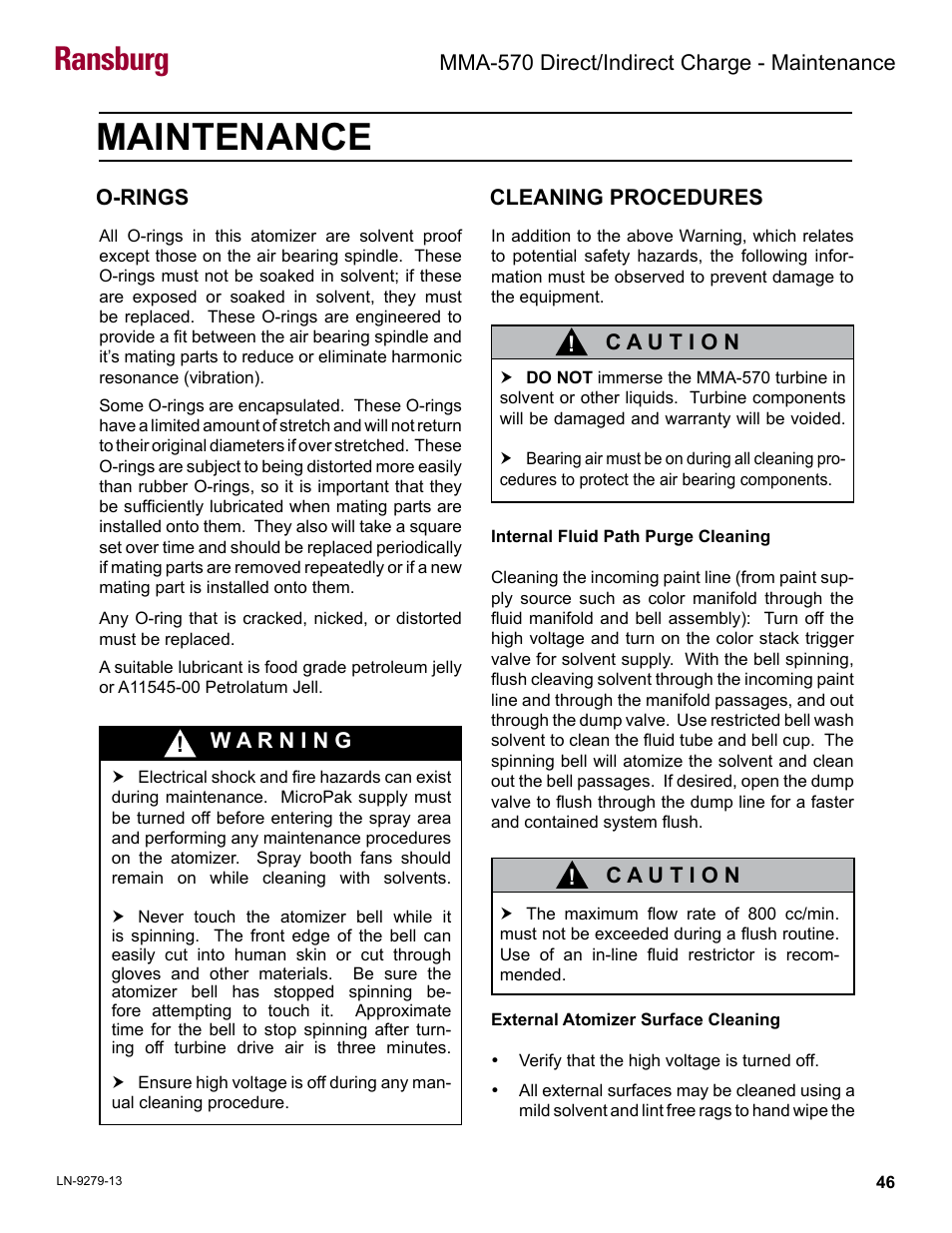 Maintenance, O-rings, Cleaning procedures | Ransburg | Ransburg MMA-570 Direct_Ind Charge Atomizer A13366 User Manual | Page 49 / 109