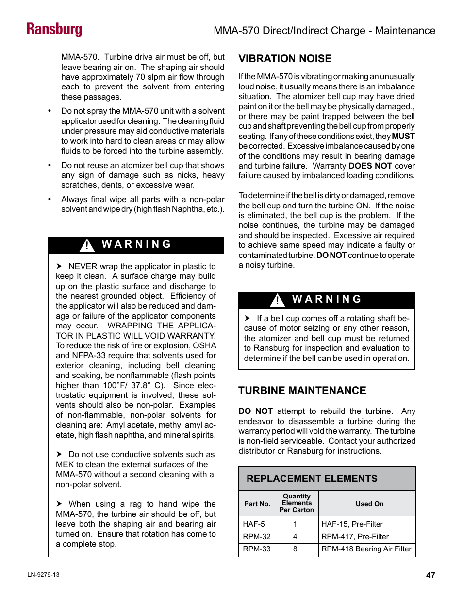 Vibration noise, Turbine maintenance, Ransburg | Mma-570 direct/indirect charge - maintenance | Ransburg MMA-570 Direct_Ind Charge Atomizer A13366 User Manual | Page 50 / 109