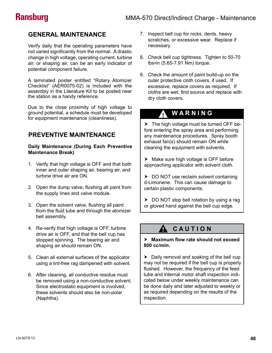 General / preventive maintenance, Ransburg, General maintenance | Preventive maintenance, Mma-570 direct/indirect charge - maintenance | Ransburg MMA-570 Direct_Ind Charge Atomizer A13366 User Manual | Page 51 / 109