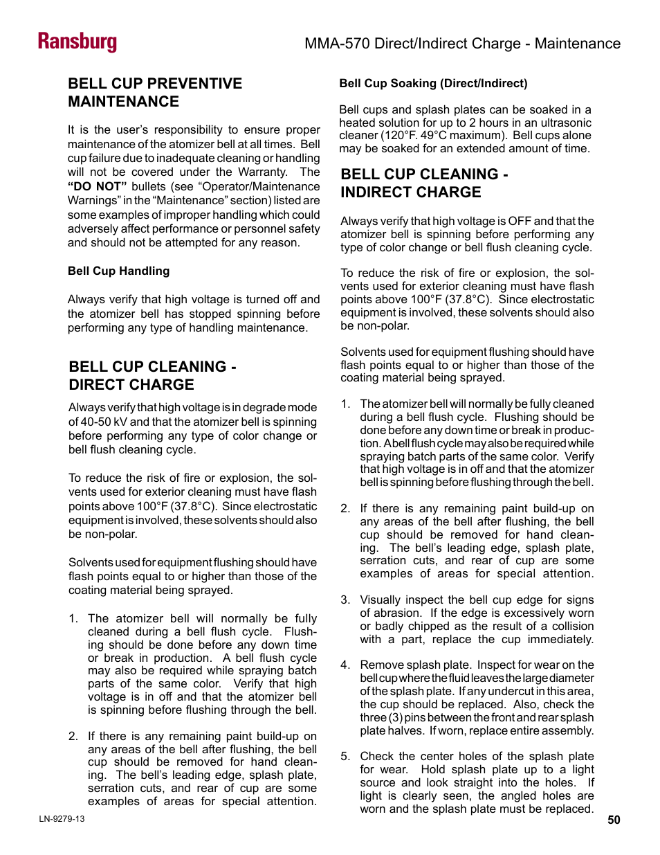 Bell cup preventive maintenance, Ransburg, Bell cup cleaning - direct charge | Bell cup cleaning - indirect charge, Mma-570 direct/indirect charge - maintenance | Ransburg MMA-570 Direct_Ind Charge Atomizer A13366 User Manual | Page 53 / 109