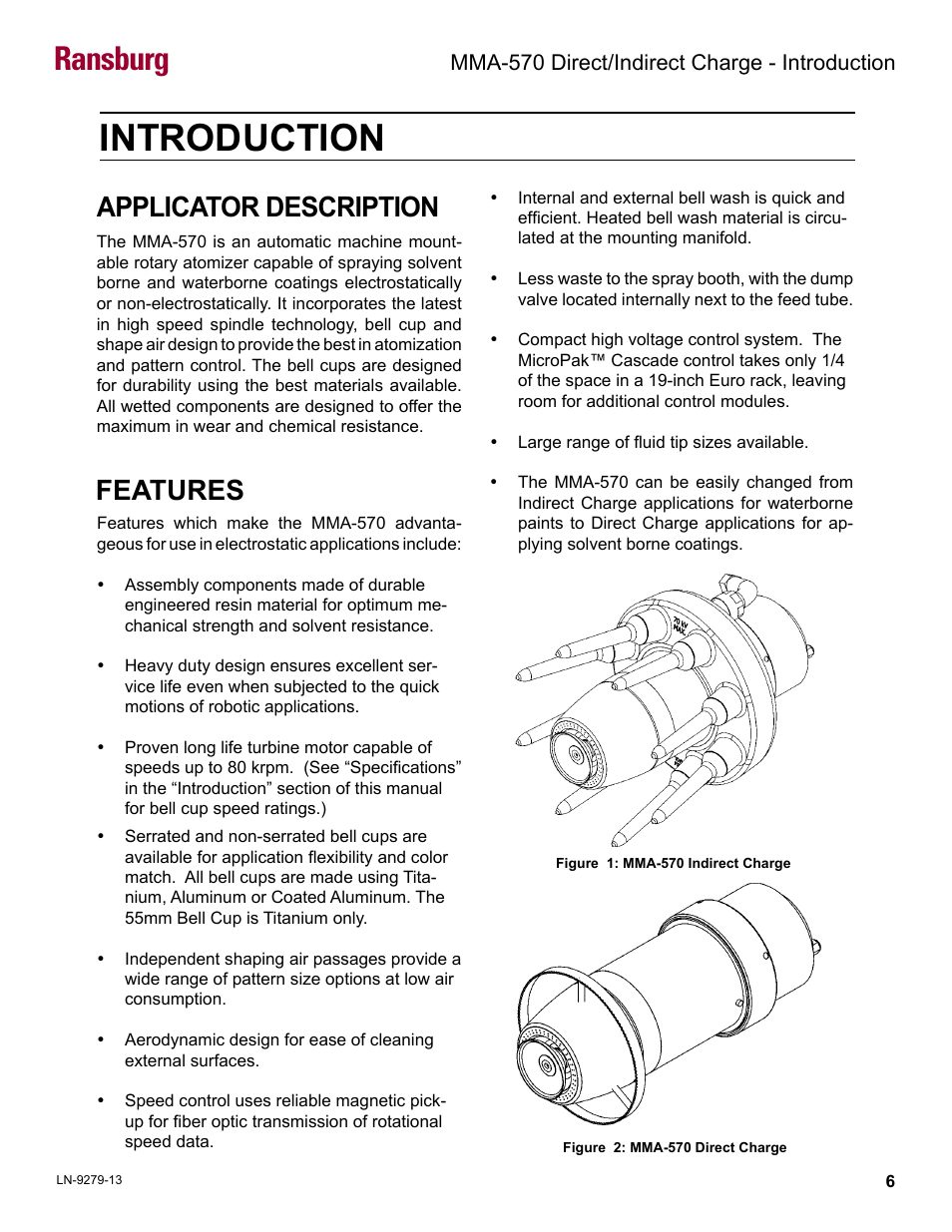 Introduction, Applicator description, Features | Ransburg | Ransburg MMA-570 Direct_Ind Charge Atomizer A13366 User Manual | Page 9 / 109