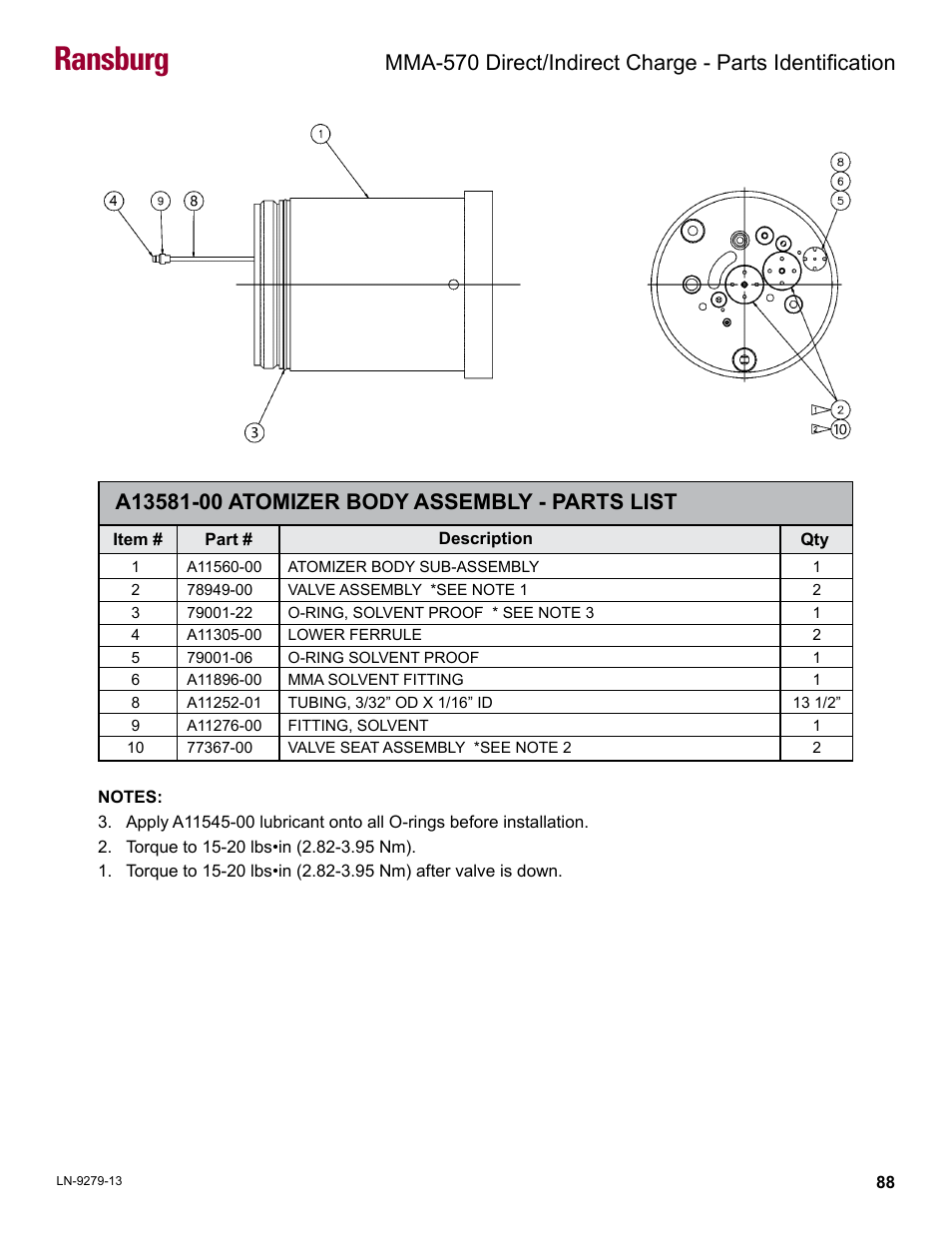 Atomizer body assembly - parts list, Ransburg | Ransburg MMA-570 Direct_Ind Charge Atomizer A13366 User Manual | Page 91 / 109