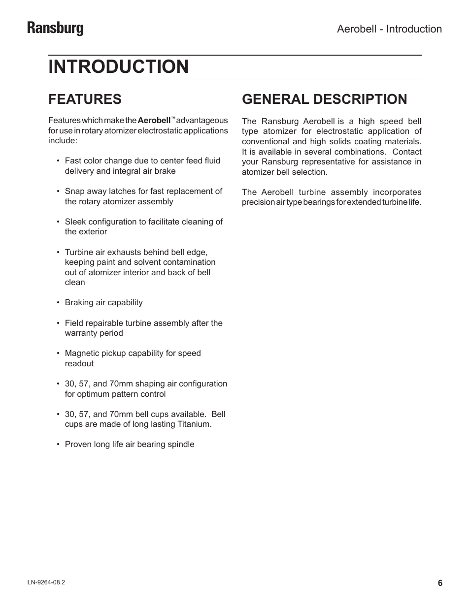 Introduction, Ransburg, General description | Features | Ransburg Aerobell (Std.) Rotary Atomizer A12381 User Manual | Page 10 / 89