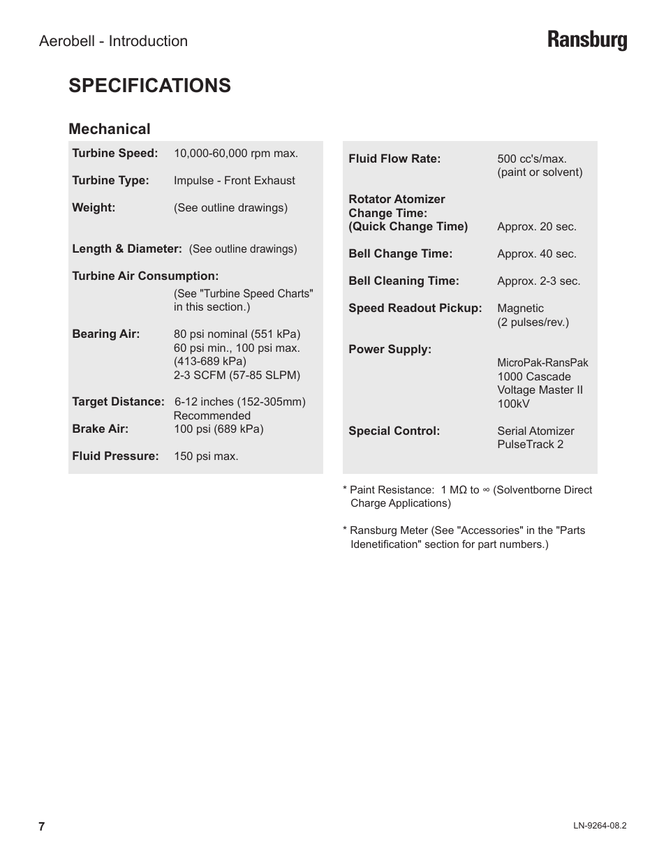Ransburg, Specifications, Mechanical | Aerobell - introduction | Ransburg Aerobell (Std.) Rotary Atomizer A12381 User Manual | Page 11 / 89