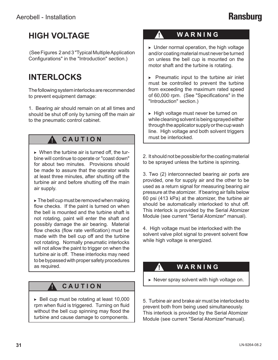 Ransburg, High voltage, Interlocks | Ransburg Aerobell (Std.) Rotary Atomizer A12381 User Manual | Page 35 / 89