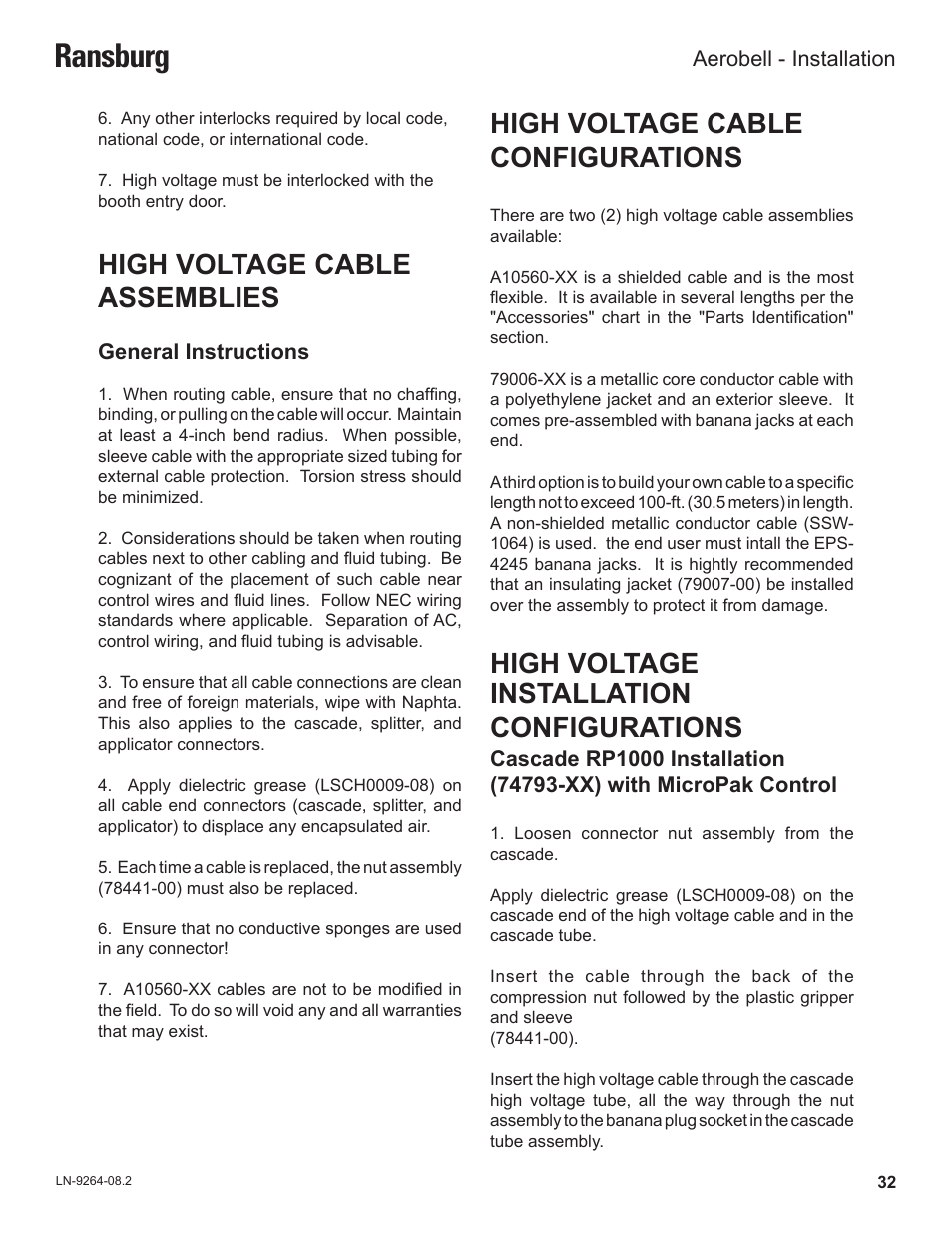 Ransburg, High voltage cable assemblies, High voltage cable configurations | High voltage installation configurations | Ransburg Aerobell (Std.) Rotary Atomizer A12381 User Manual | Page 36 / 89