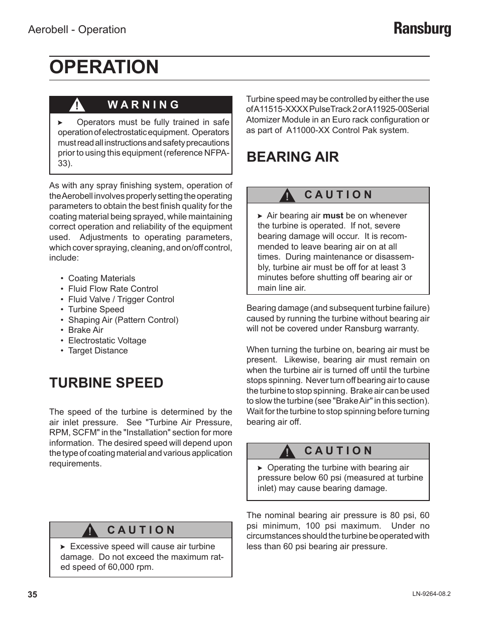 Operation, Ransburg, Turbine speed | Bearing air | Ransburg Aerobell (Std.) Rotary Atomizer A12381 User Manual | Page 39 / 89