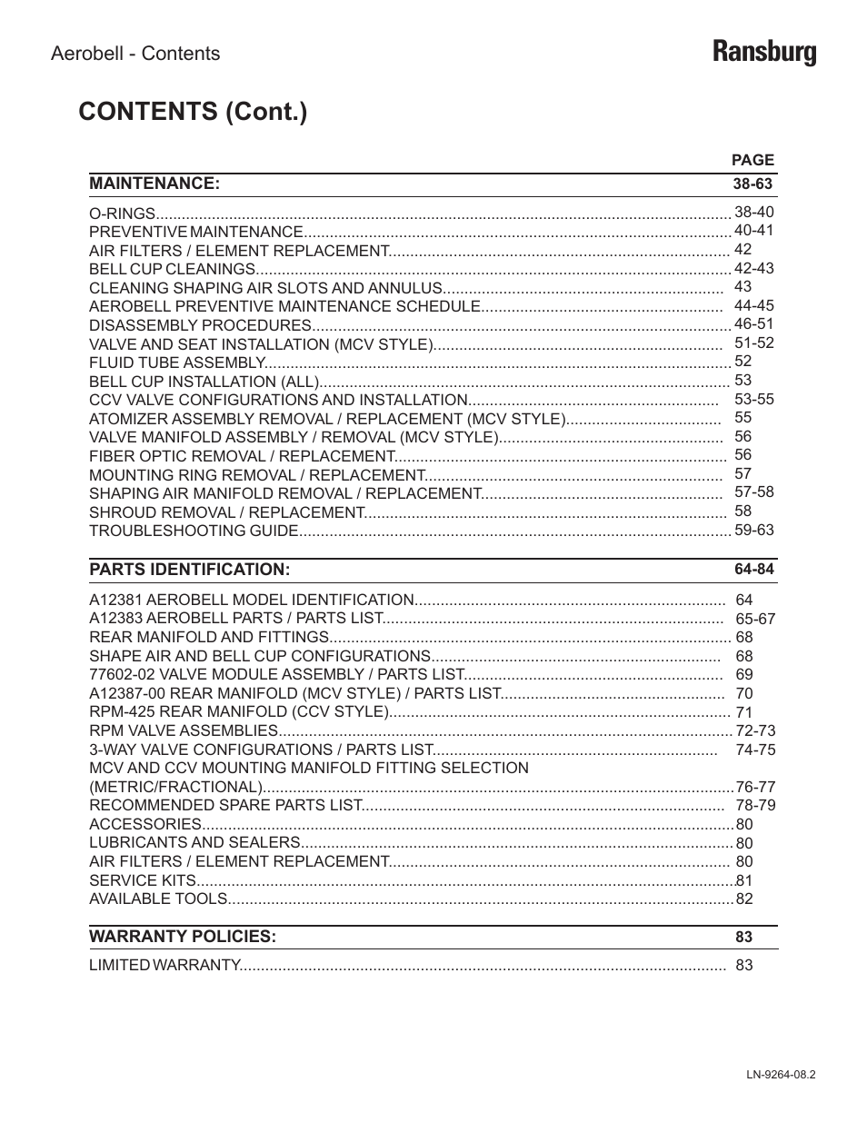 Ransburg, Contents (cont.), Aerobell - contents | Ransburg Aerobell (Std.) Rotary Atomizer A12381 User Manual | Page 4 / 89