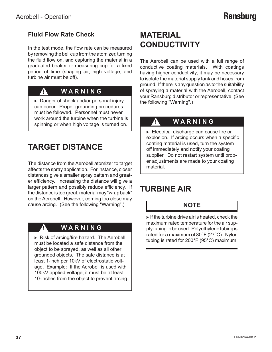 Ransburg, Material conductivity, Target distance | Turbine air | Ransburg Aerobell (Std.) Rotary Atomizer A12381 User Manual | Page 41 / 89