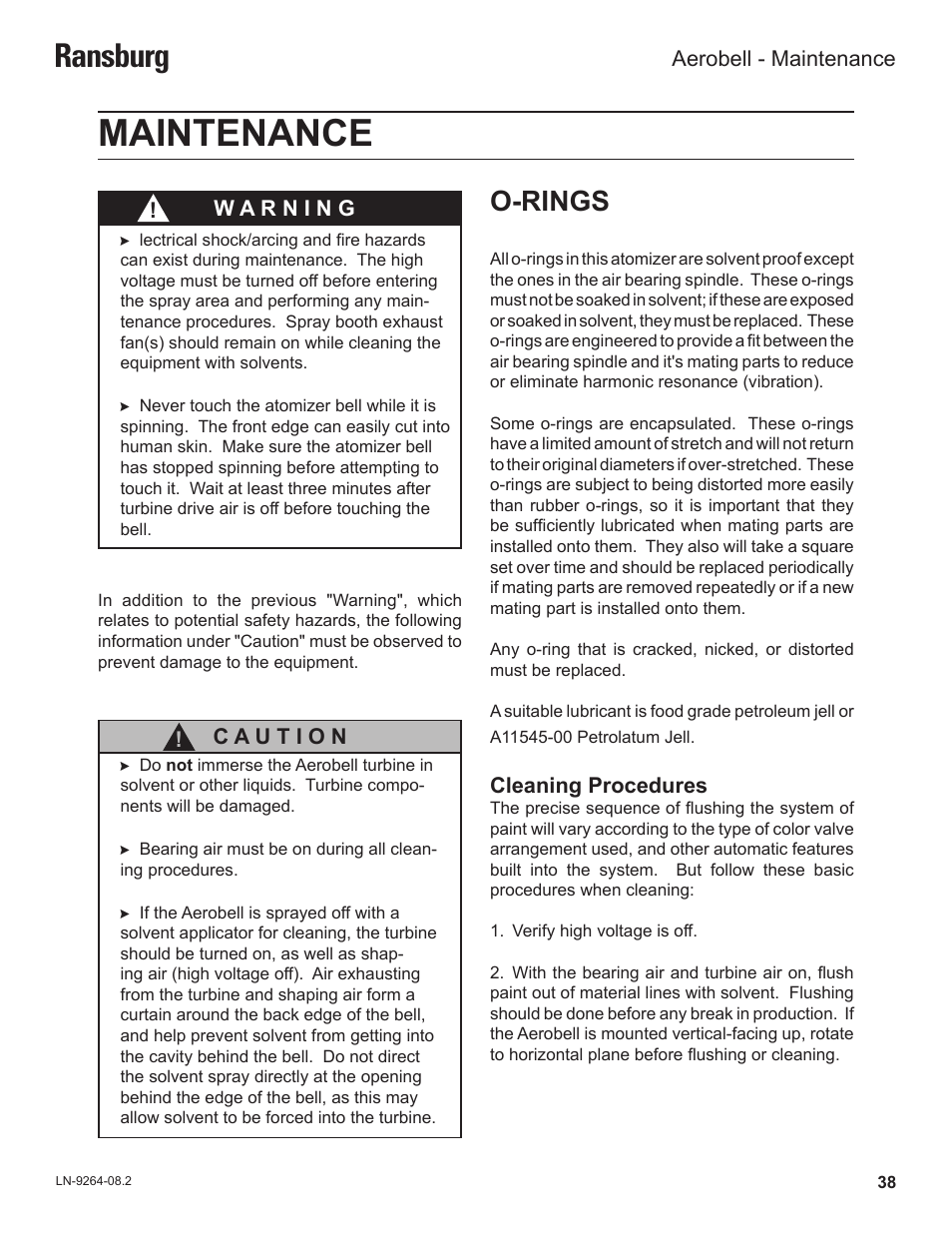 Maintenance, Ransburg, O-rings | Ransburg Aerobell (Std.) Rotary Atomizer A12381 User Manual | Page 42 / 89