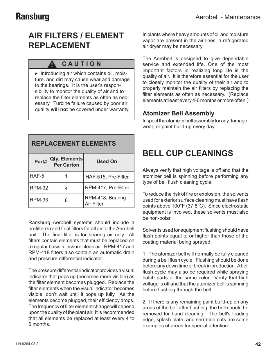 Ransburg, Air filters / element replacement, Bell cup cleanings | Ransburg Aerobell (Std.) Rotary Atomizer A12381 User Manual | Page 46 / 89