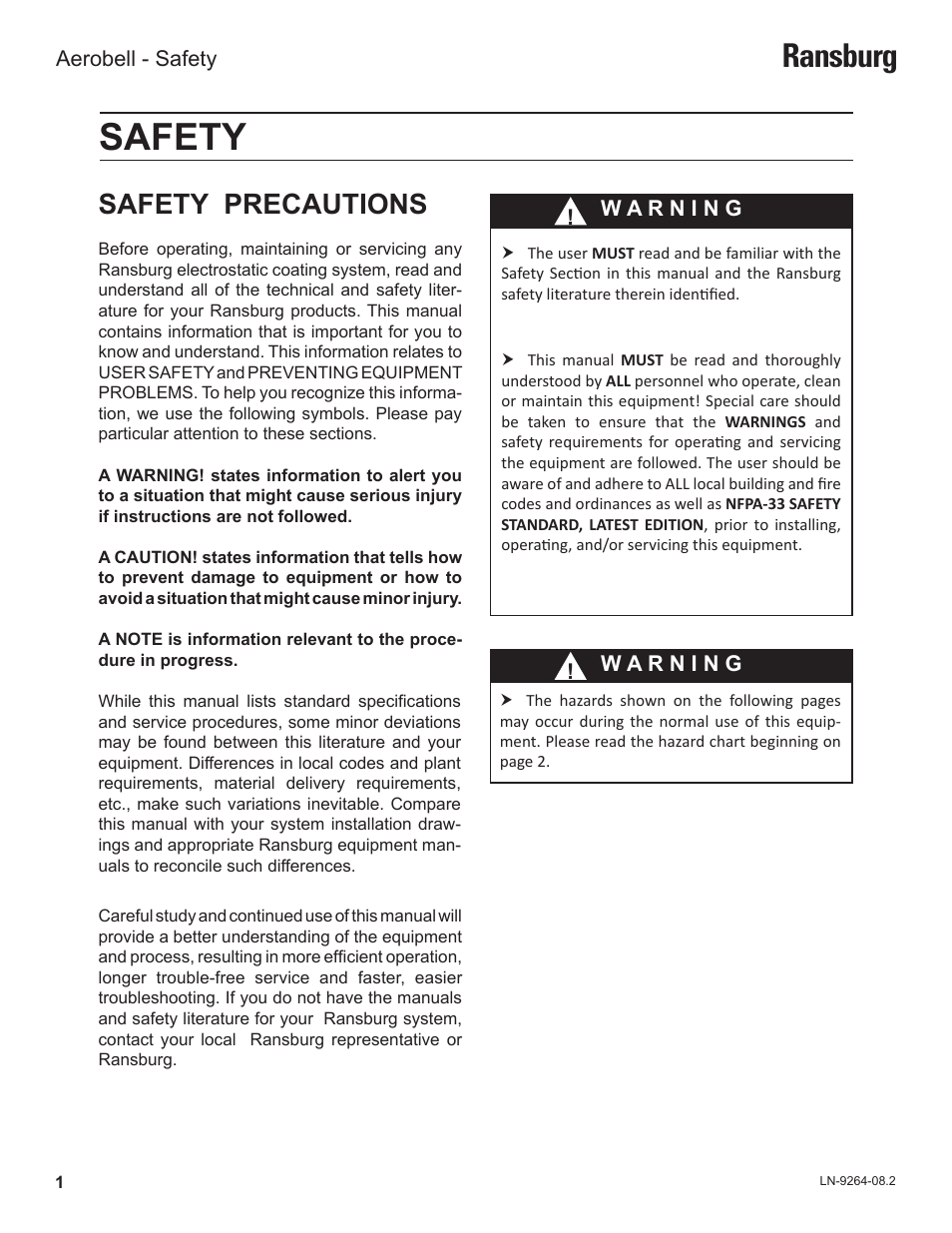 Safety, Ransburg, Safety precautions | Ransburg Aerobell (Std.) Rotary Atomizer A12381 User Manual | Page 5 / 89