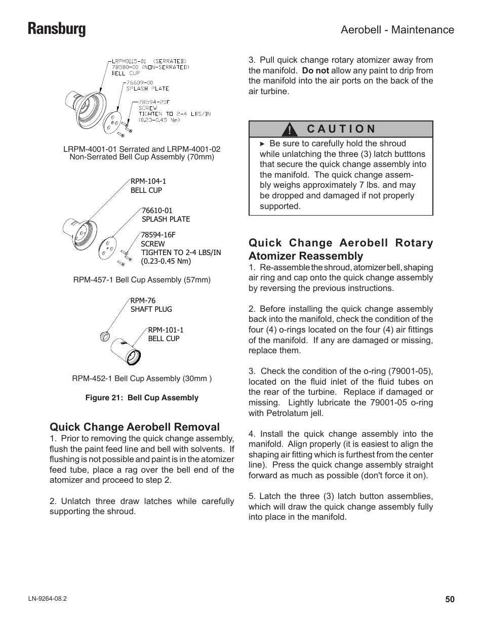 Ransburg, Quick change aerobell removal, Quick change aerobell rotary atomizer reassembly | Aerobell - maintenance | Ransburg Aerobell (Std.) Rotary Atomizer A12381 User Manual | Page 54 / 89