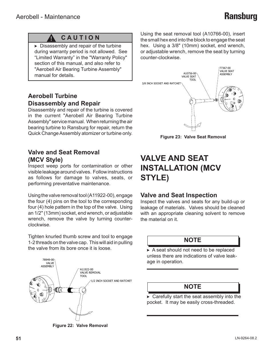 Ransburg, Valve and seat installation (mcv style), Aerobell turbine disassembly and repair | Valve and seat removal (mcv style), Valve and seat inspection, Aerobell - maintenance | Ransburg Aerobell (Std.) Rotary Atomizer A12381 User Manual | Page 55 / 89