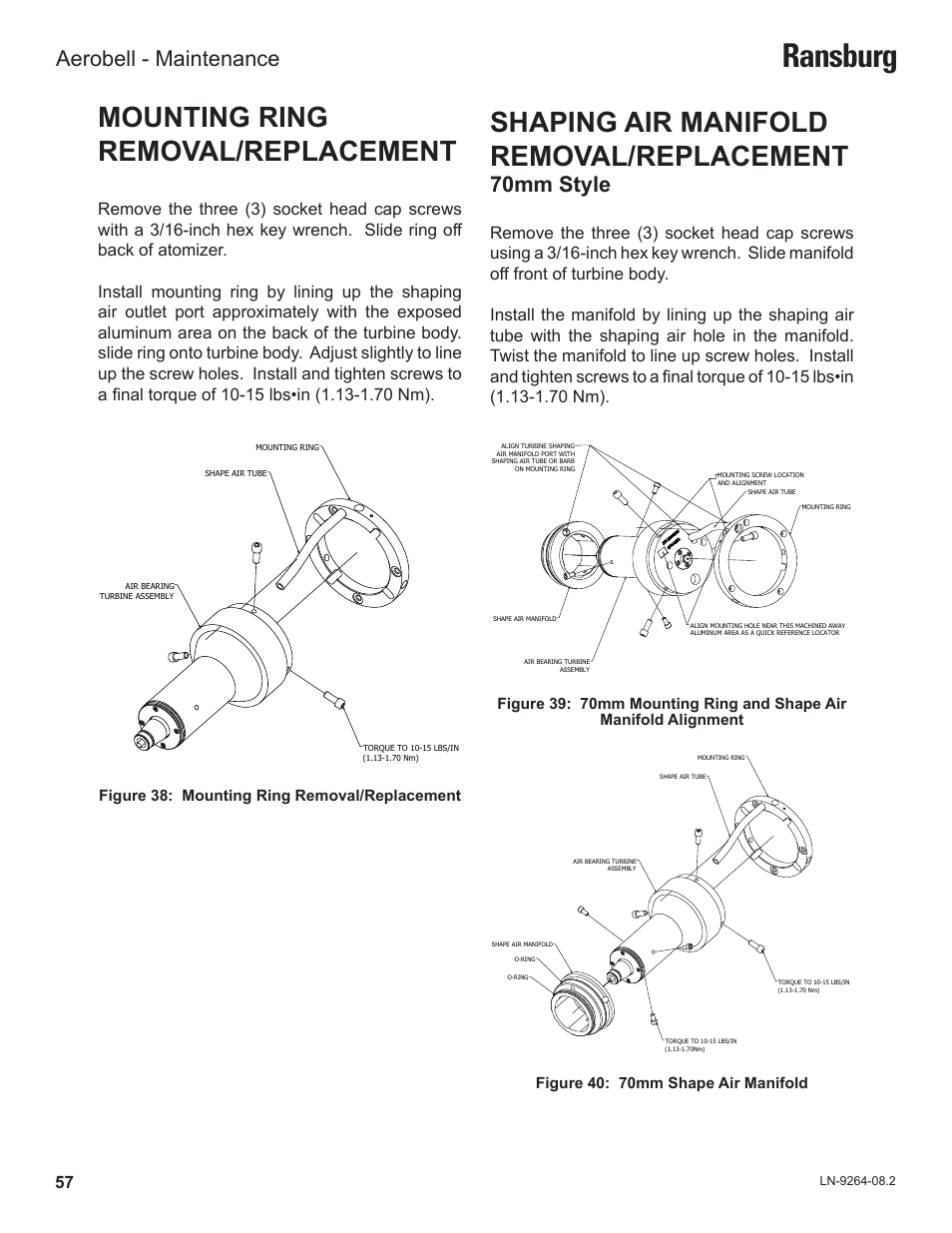 Ransburg, Mounting ring removal/replacement, Shaping air manifold removal/replacement | 70mm style, Aerobell - maintenance | Ransburg Aerobell (Std.) Rotary Atomizer A12381 User Manual | Page 61 / 89