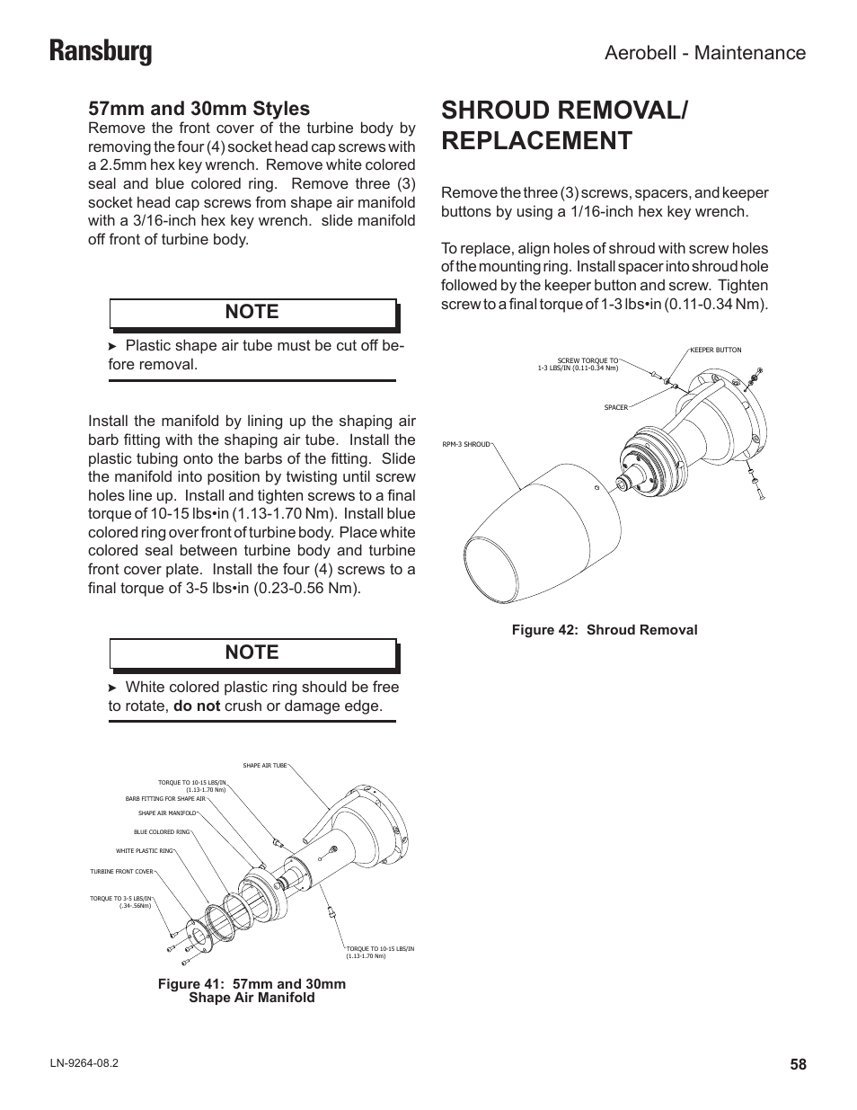 Ransburg, Shroud removal/ replacement, 57mm and 30mm styles | Aerobell - maintenance | Ransburg Aerobell (Std.) Rotary Atomizer A12381 User Manual | Page 62 / 89