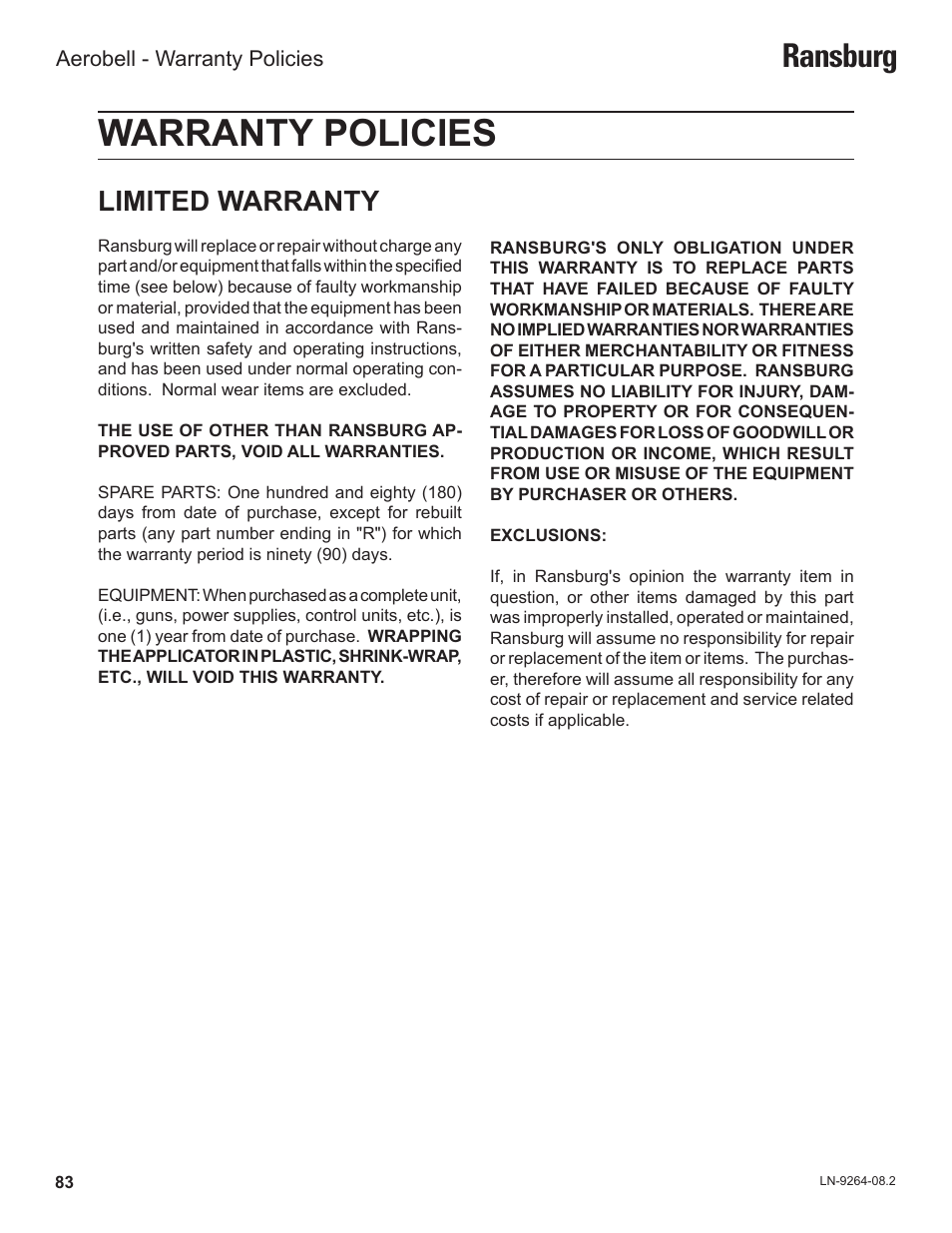 Warranty policies, Ransburg, Limited warranty | Ransburg Aerobell (Std.) Rotary Atomizer A12381 User Manual | Page 87 / 89