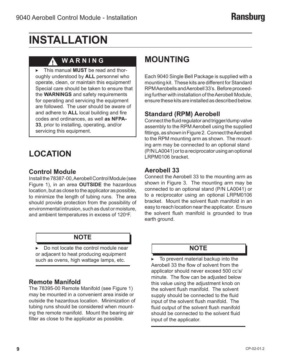 Installation, Ransburg, Location | Mounting | Ransburg 9040 Aerobell Control Module 78387-00 User Manual | Page 12 / 33