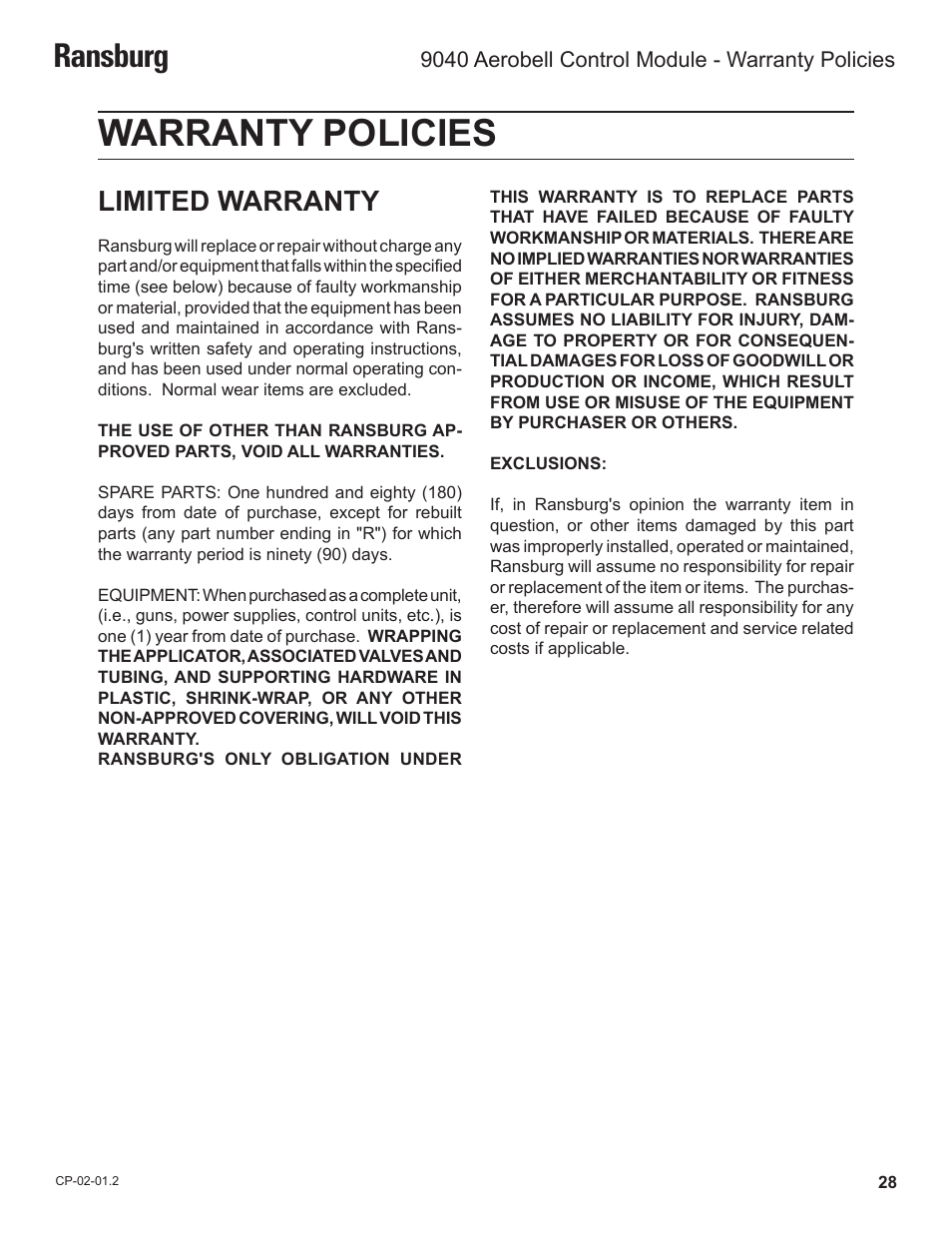 Warranty policies, Ransburg, Limited warranty | Ransburg 9040 Aerobell Control Module 78387-00 User Manual | Page 31 / 33