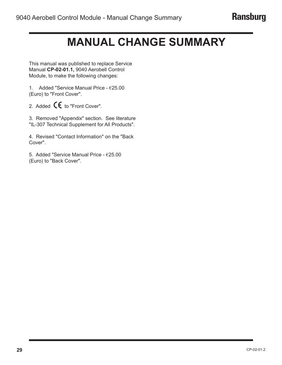 Manual change summary, Ransburg | Ransburg 9040 Aerobell Control Module 78387-00 User Manual | Page 32 / 33
