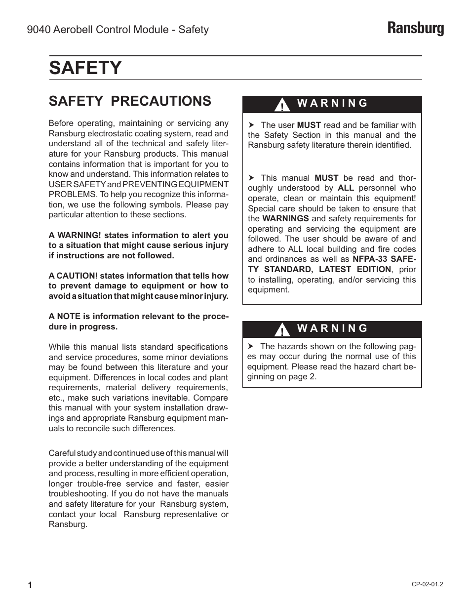 Safety, Ransburg, Safety precautions | Ransburg 9040 Aerobell Control Module 78387-00 User Manual | Page 4 / 33