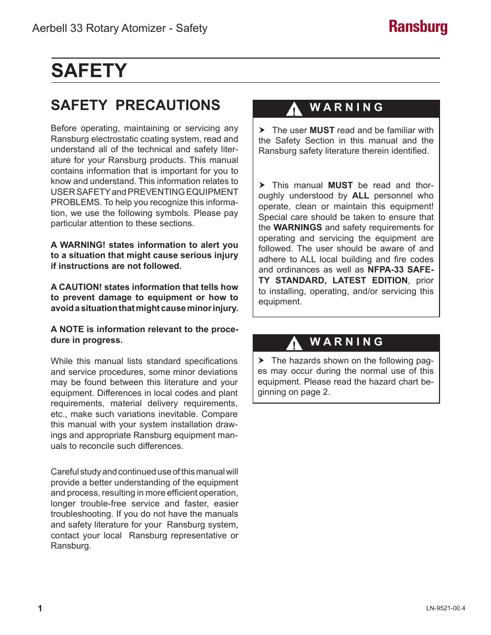 Safety, Ransburg, Safety precautions | Ransburg Aerobell 33 AER5000, AER5001 User Manual | Page 5 / 57