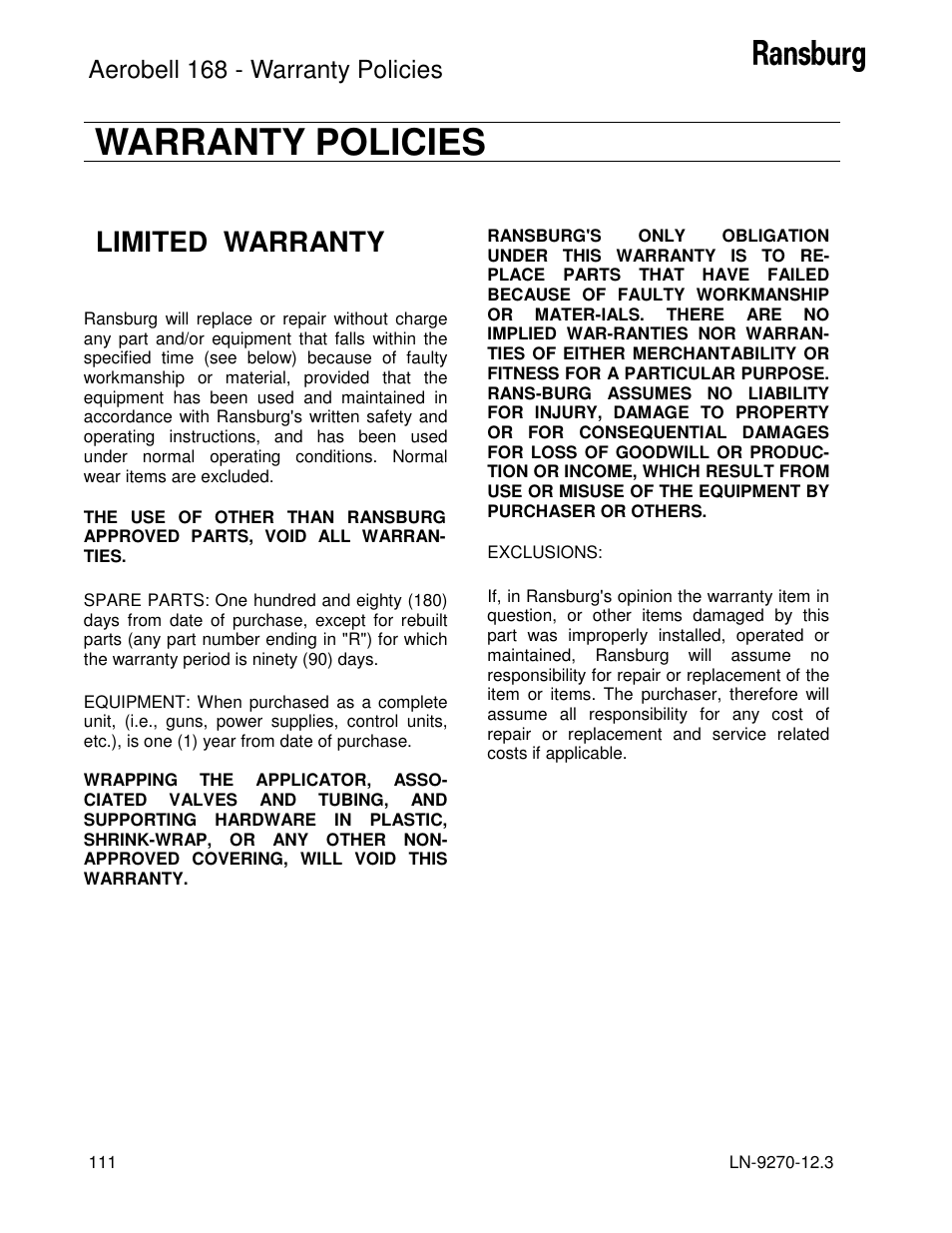 Warranty policies, Limited warranty, Aerobell 168 - warranty policies | Ransburg Aerobell 168 A12787 User Manual | Page 114 / 116