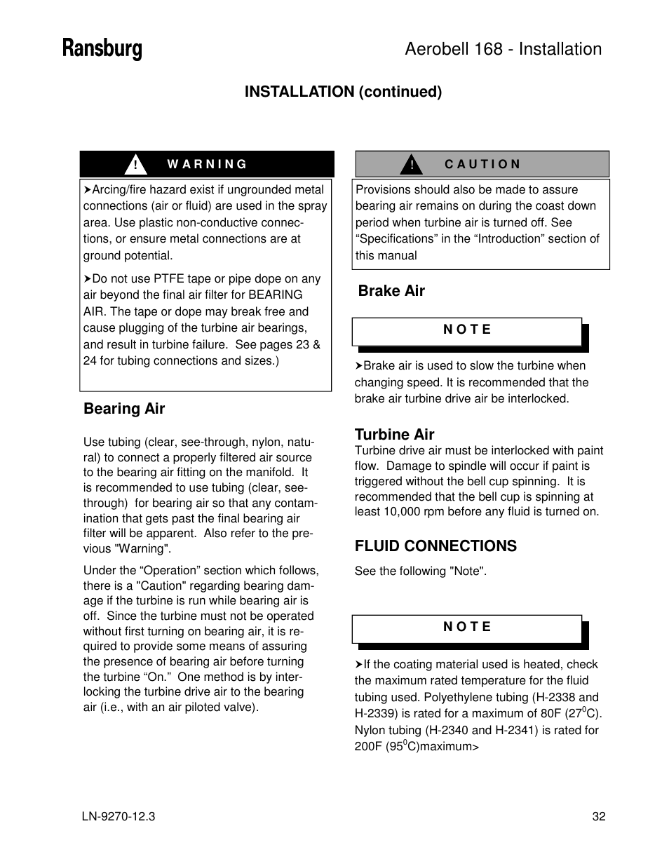 Aerobell 168 - installation, Installation (continued), Bearing air | Brake air, Turbine air, Fluid connections | Ransburg Aerobell 168 A12787 User Manual | Page 35 / 116