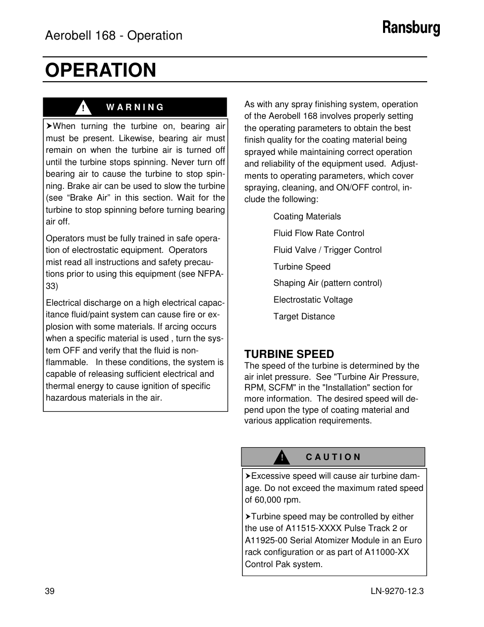 Operation, Aerobell 168 - operation | Ransburg Aerobell 168 A12787 User Manual | Page 42 / 116