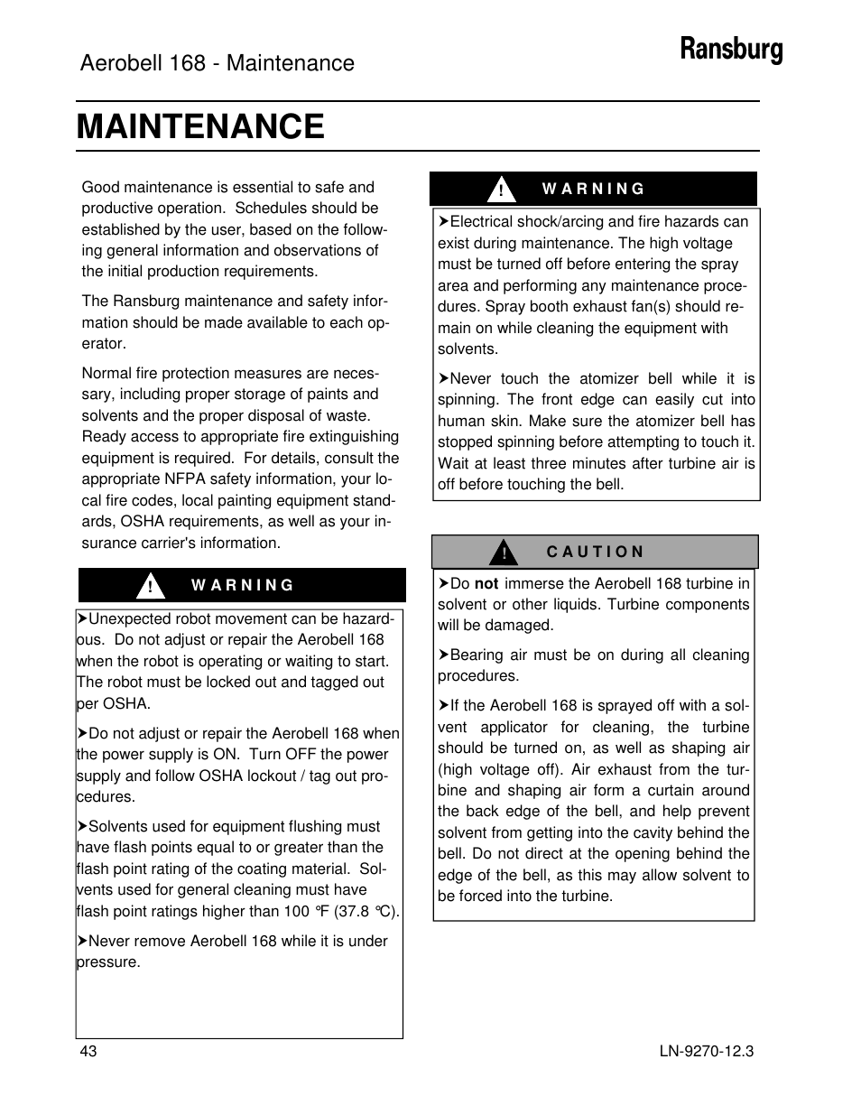 Maintenance, Aerobell 168 - maintenance | Ransburg Aerobell 168 A12787 User Manual | Page 46 / 116