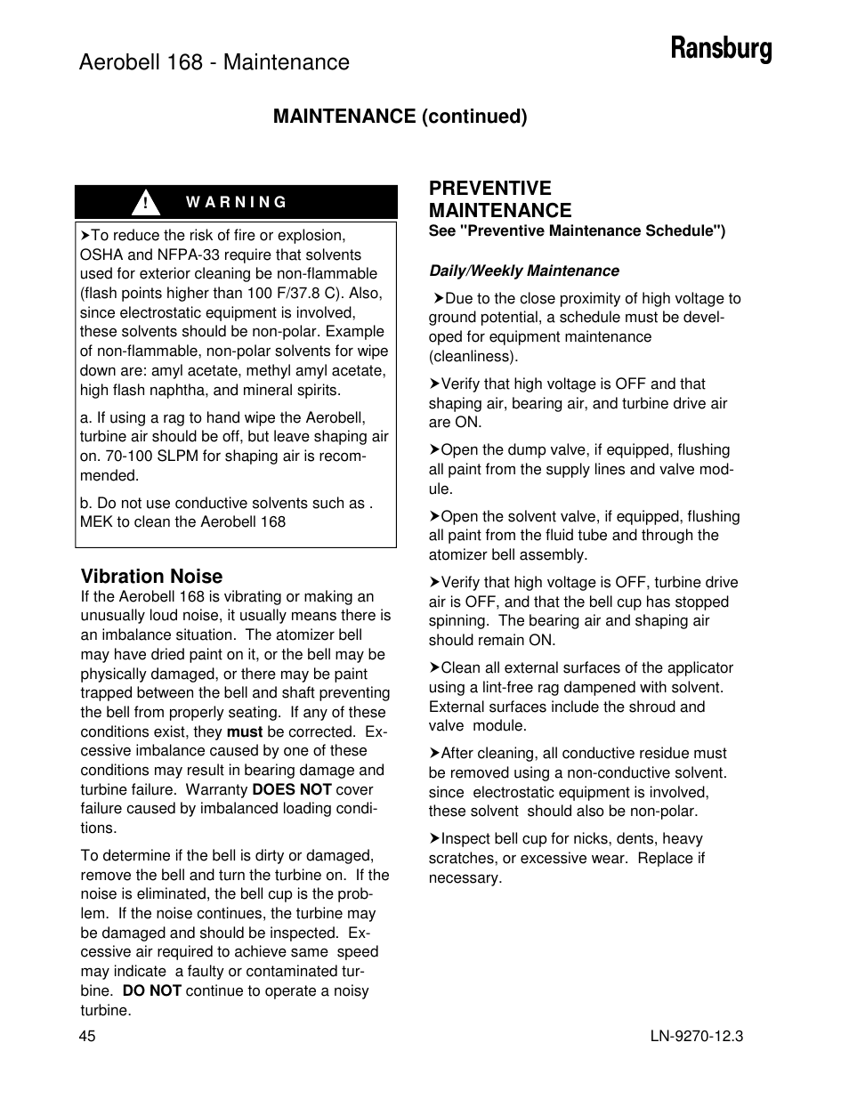 Aerobell 168 - maintenance | Ransburg Aerobell 168 A12787 User Manual | Page 48 / 116