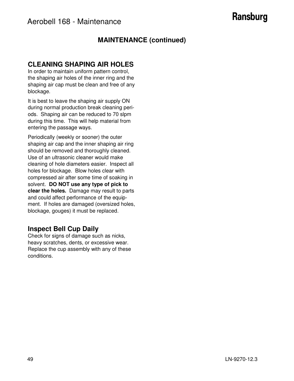 Aerobell 168 - maintenance | Ransburg Aerobell 168 A12787 User Manual | Page 52 / 116