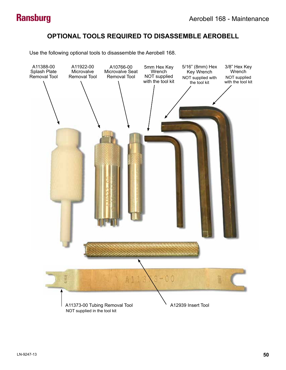 Optional tools required to disassemble aerobell, Ransburg, Aerobell 168 - maintenance | Ransburg Aerobell 168 Atex Approved 13350 User Manual | Page 53 / 106