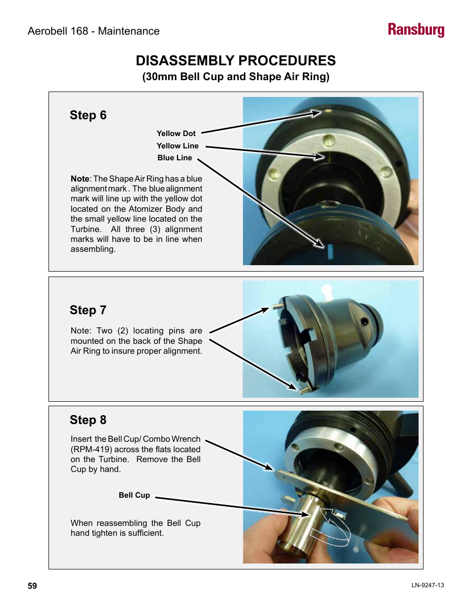 Ransburg, Disassembly procedures, Step 8 step 7 step 6 | Ransburg Aerobell 168 Atex Approved 13350 User Manual | Page 62 / 106