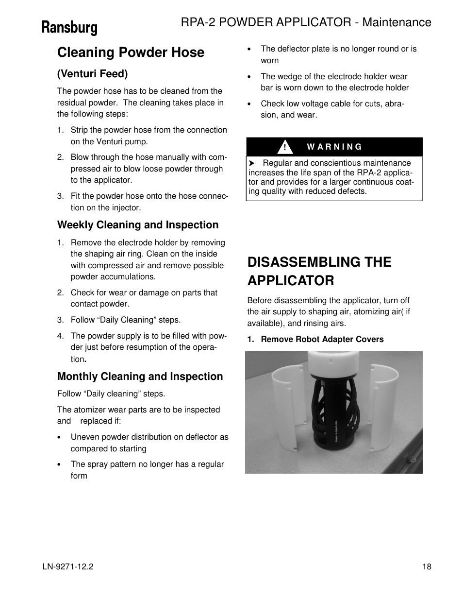 Cleaning powder hose, Disassembling the applicator, Rpa-2 powder applicator - maintenance | Ransburg RPA-2 Powder Applicator A12950-XXX User Manual | Page 21 / 47