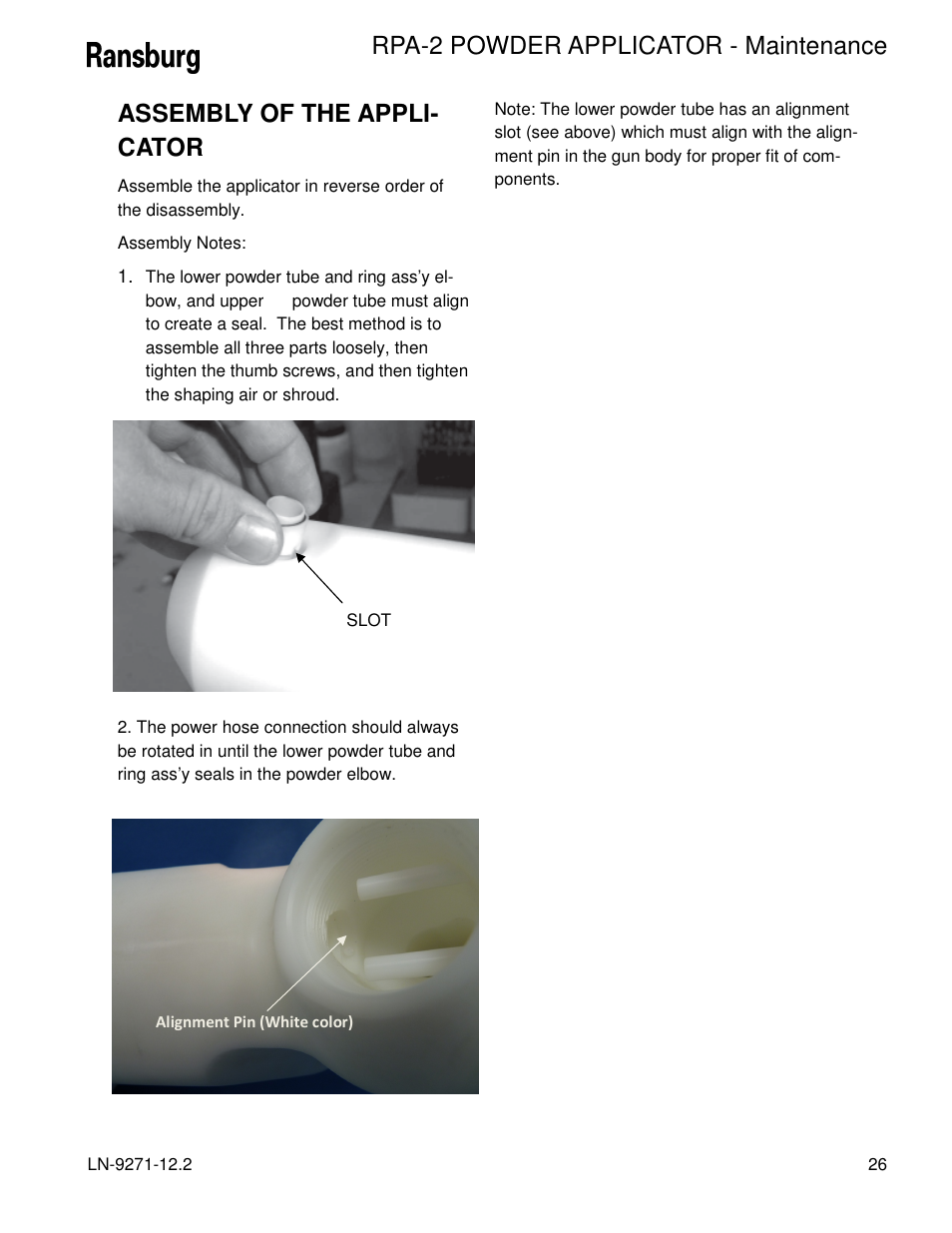 Rpa-2 powder applicator - maintenance, Assembly of the appli- cator | Ransburg RPA-2 Powder Applicator A12950-XXX User Manual | Page 29 / 47