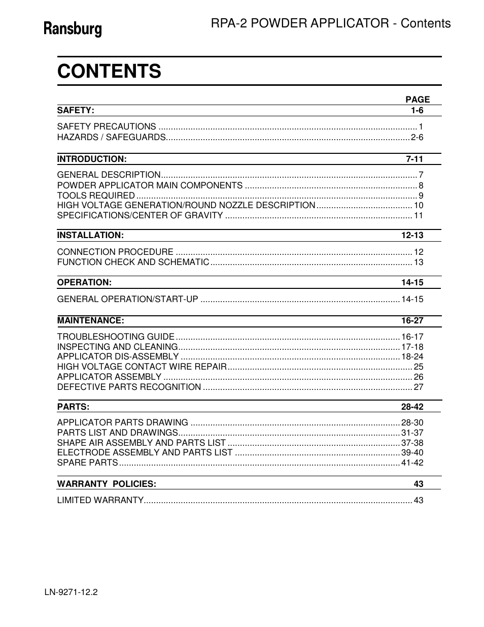 Ransburg RPA-2 Powder Applicator A12950-XXX User Manual | Page 3 / 47