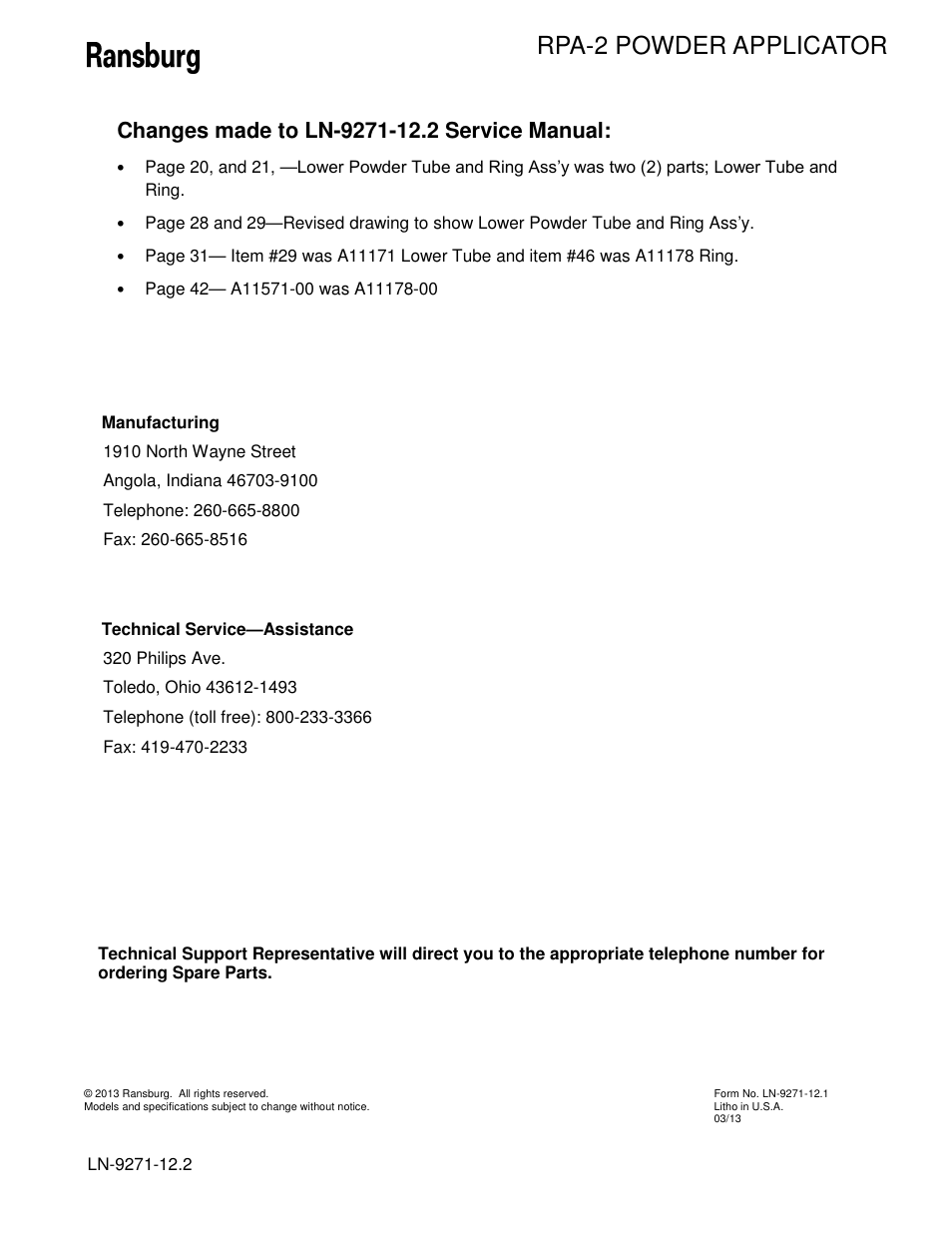 Rpa-2 powder applicator | Ransburg RPA-2 Powder Applicator A12950-XXX User Manual | Page 47 / 47