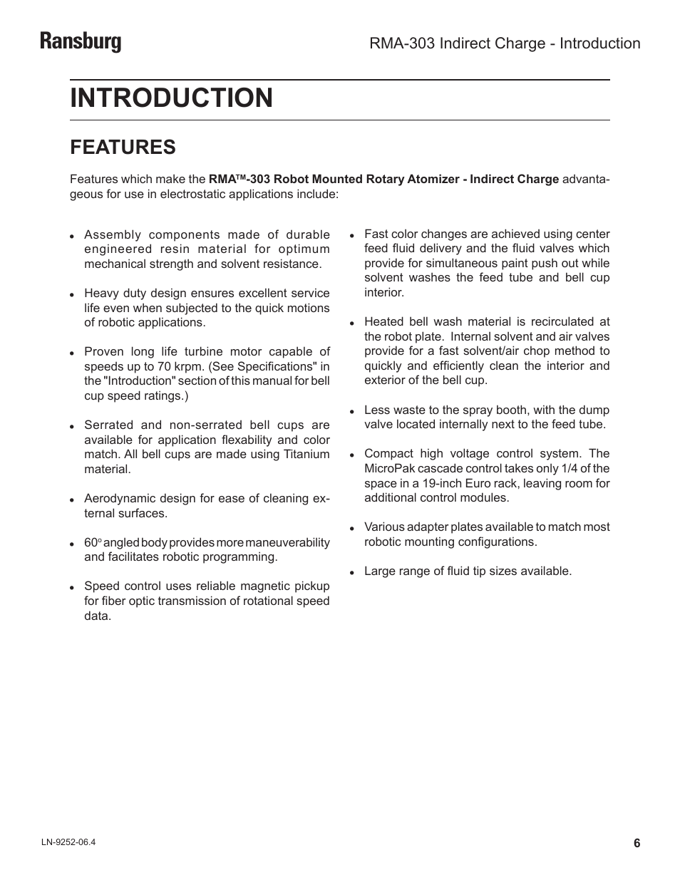 Introduction, Ransburg, Features | Rma-303 indirect charge - introduction | Ransburg RMA Indirect A11600 User Manual | Page 10 / 103