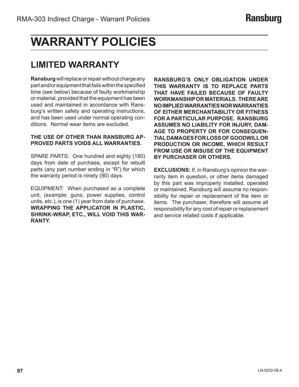 Warranty policies, Ransburg, Limited warranty | Ransburg RMA Indirect A11600 User Manual | Page 101 / 103