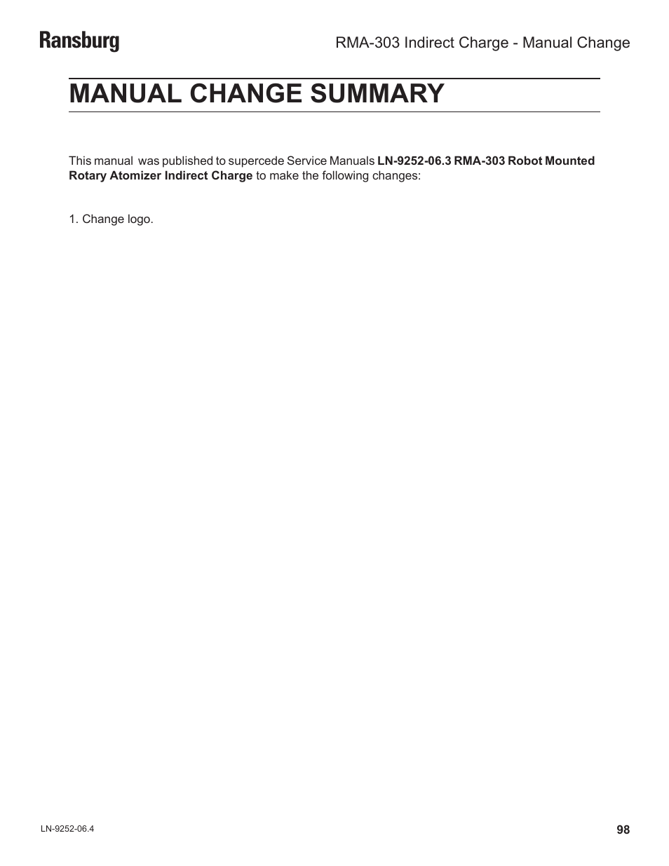 Manual change summary, Ransburg | Ransburg RMA Indirect A11600 User Manual | Page 102 / 103