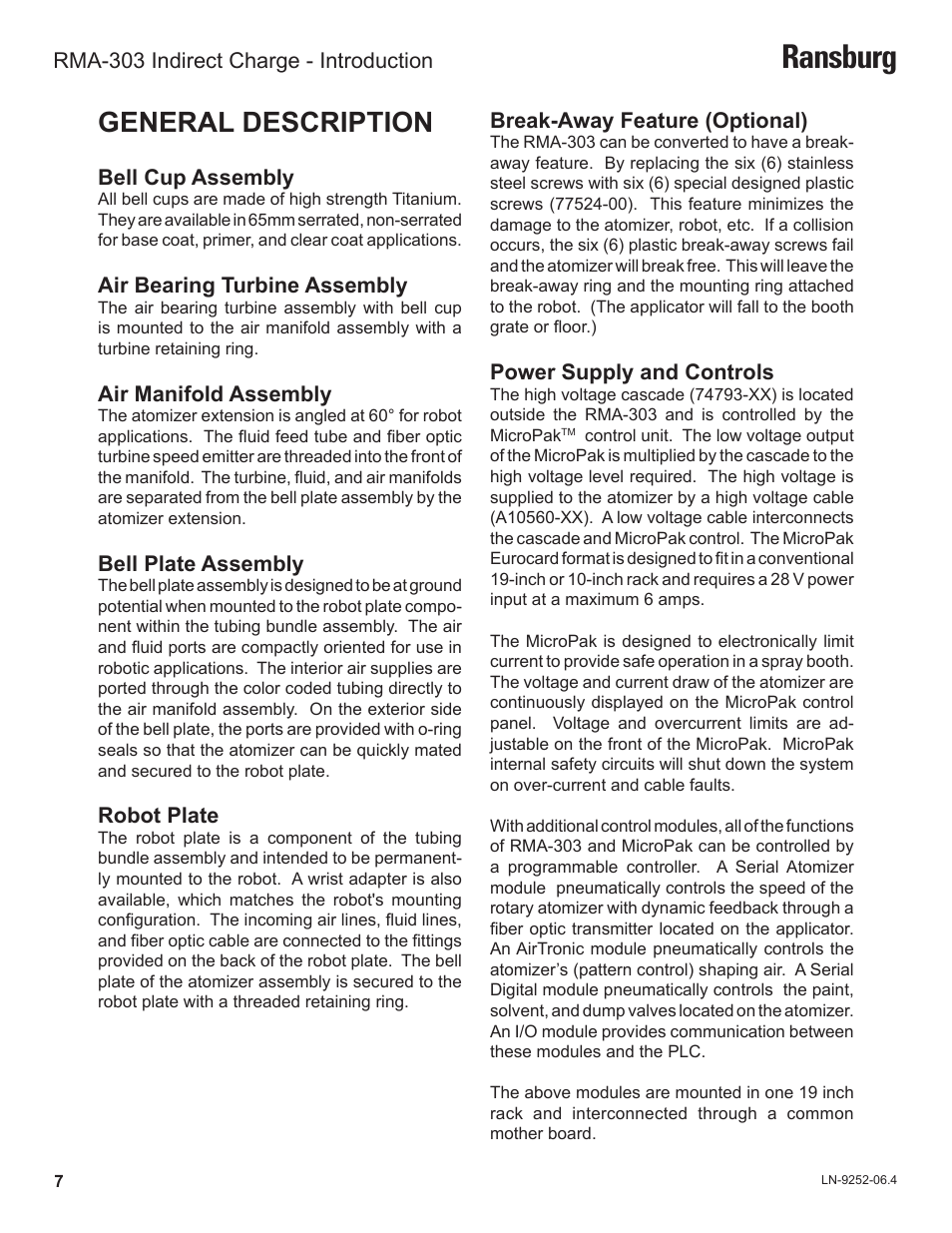 Ransburg, General description, Bell cup assembly | Air bearing turbine assembly, Air manifold assembly, Bell plate assembly, Robot plate, Break-away feature (optional), Power supply and controls, Rma-303 indirect charge - introduction | Ransburg RMA Indirect A11600 User Manual | Page 11 / 103