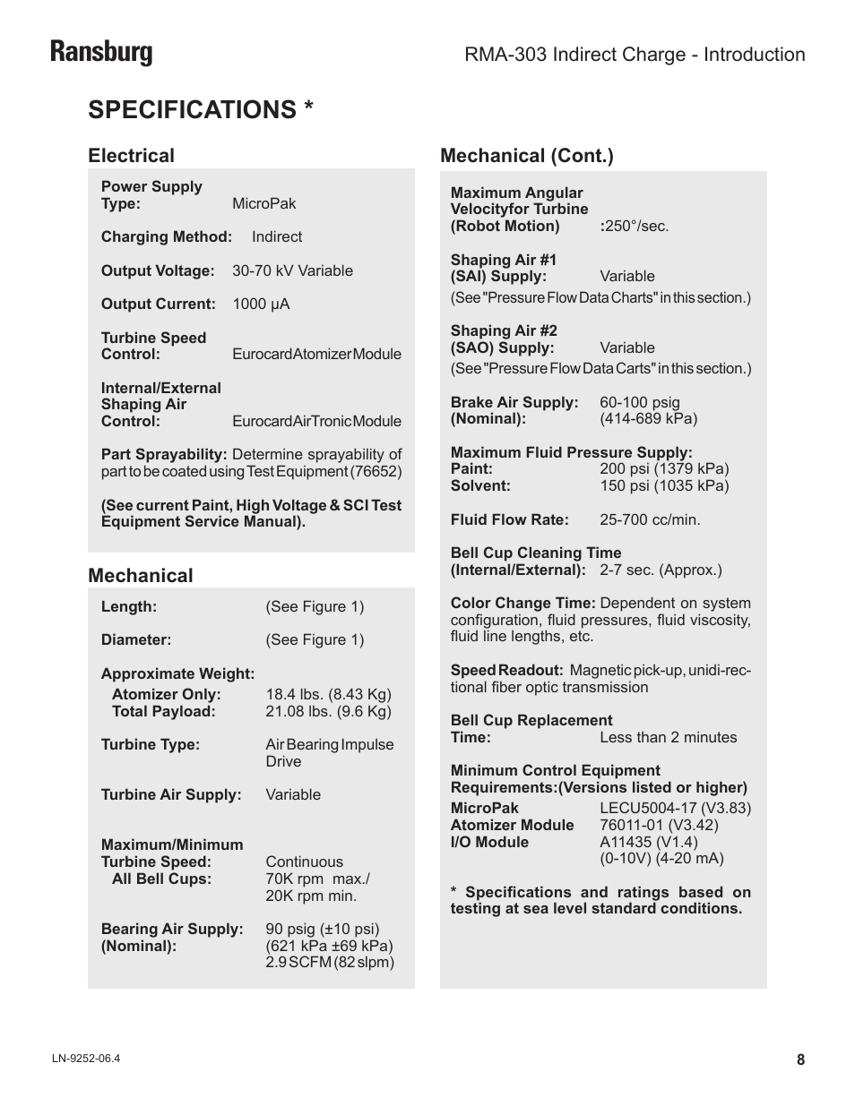 Ransburg, Specifications, Mechanical electrical | Mechanical (cont.), Rma-303 indirect charge - introduction | Ransburg RMA Indirect A11600 User Manual | Page 12 / 103