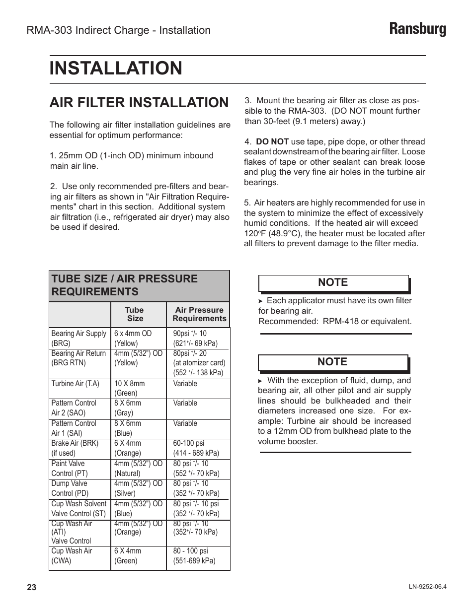 Installation, Ransburg, Air filter installation | Ransburg RMA Indirect A11600 User Manual | Page 27 / 103
